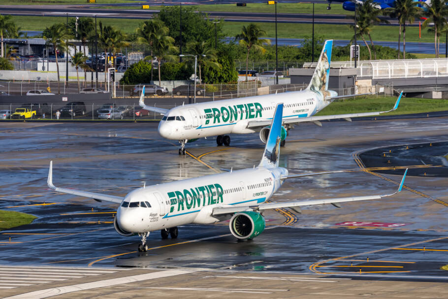 San Juan, Puerto Rico – August 3, 2025: Frontier Airlines Airbus A321neo airplanes at San Juan airport in Puerto Rico.