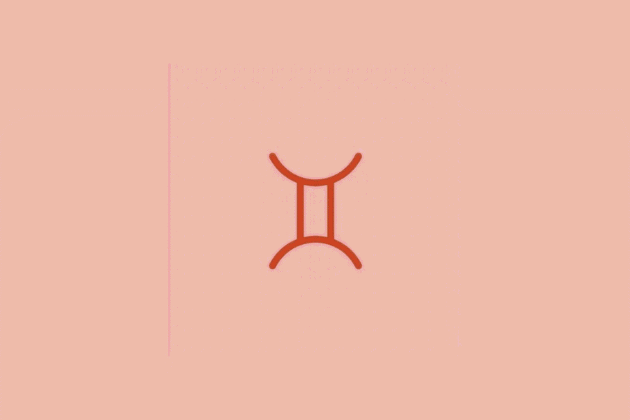 Símbolo do signo de Gêmeos em linhas vermelhas sobre um fundo rosa-claro.