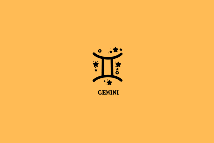 Símbolo do signo de Gêmeos, composto por duas linhas verticais pretas paralelas, unidas por traços curvos na parte superior e inferior. Estrelas de cinco pontas, pequenos círculos e pontos decorativos estão distribuídos ao redor do símbolo. Abaixo, está escrito “GEMINI” em letras maiúsculas pretas, com serifa. A imagem tem fundo laranja uniforme.