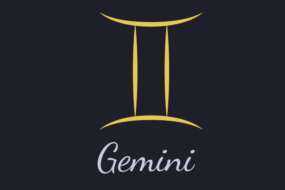 A imagem mostra o símbolo astrológico de Gêmeos em dourado, formado por duas linhas verticais paralelas, unidas por traços curvos nas extremidades superior e inferior. Abaixo, o nome “Gemini” aparece em letras cursivas cinza-claras, sobre um fundo azul-escuro quase preto.