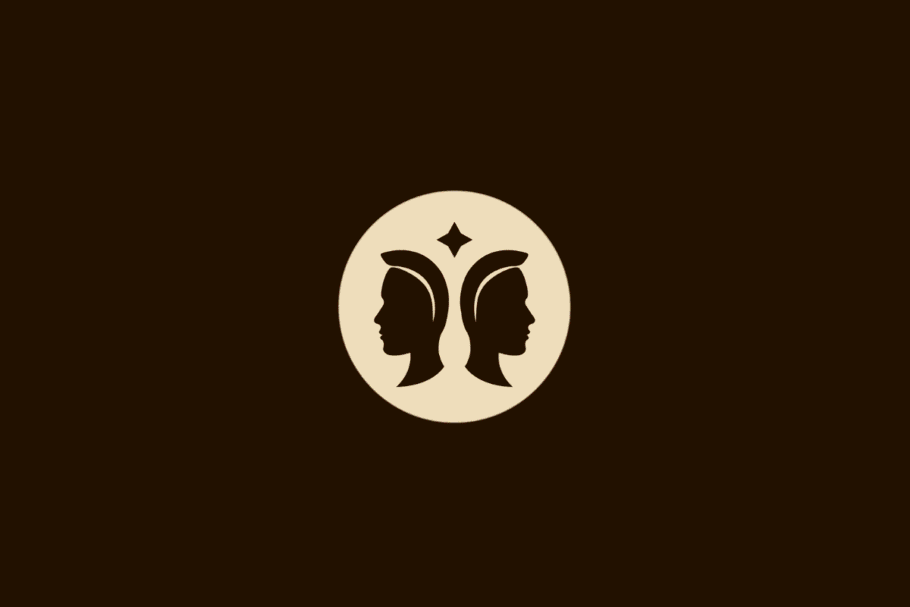 Ilustração vetorial do signo de Gêmeos, representada pelos perfis de duas faces espelhadas com uma estrela de quatro pontas entre elas, centralizada em um círculo bege sobre fundo marrom.