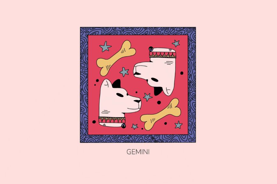 Ilustração estilizada do signo de Gêmeos, retratando duas cabeças de cachorros brancos espelhadas na vertical acompanhadas de ossos e estrelas, em moldura roxa com fundo vermelho e a palavra "Gemini" abaixo.