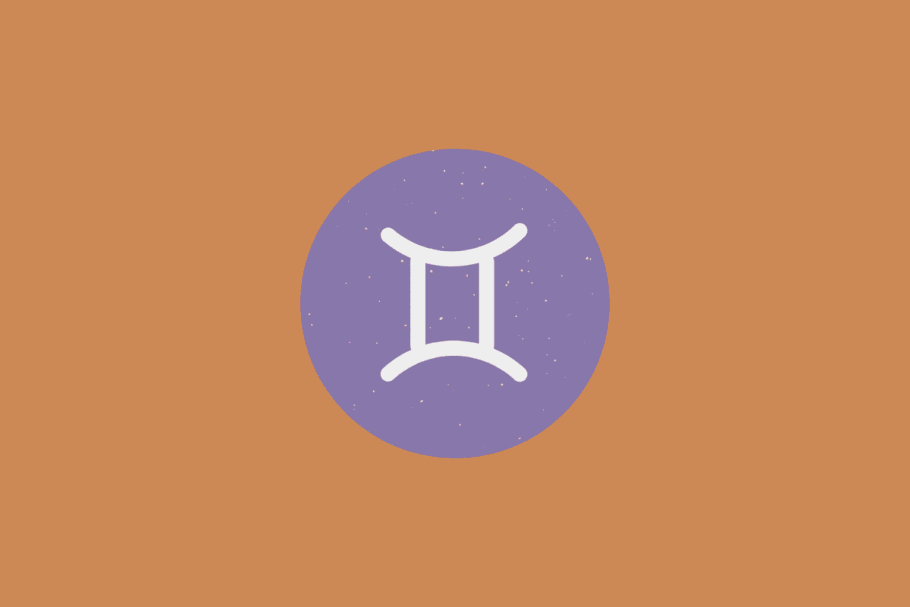 Símbolo do signo de Gêmeos em branco sobre um círculo roxo em fundo alaranjado