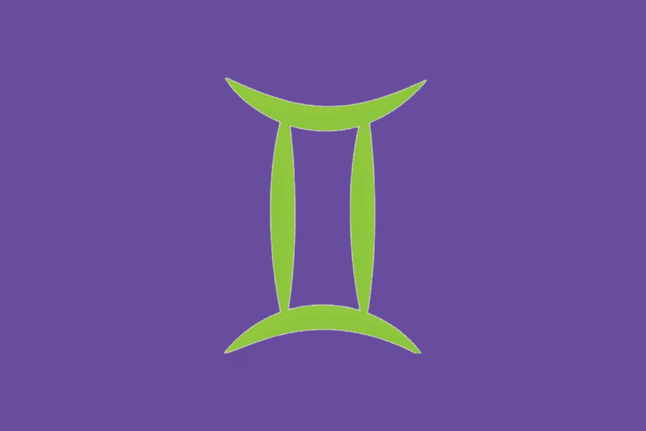 O símbolo astrológico do signo de Gêmeos em verde-claro sobre um fundo roxo