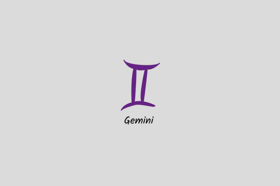 Ilustração do signo de Gêmeos em roxo, com o nome abaixo, centralizada sobre um fundo cinza-claro