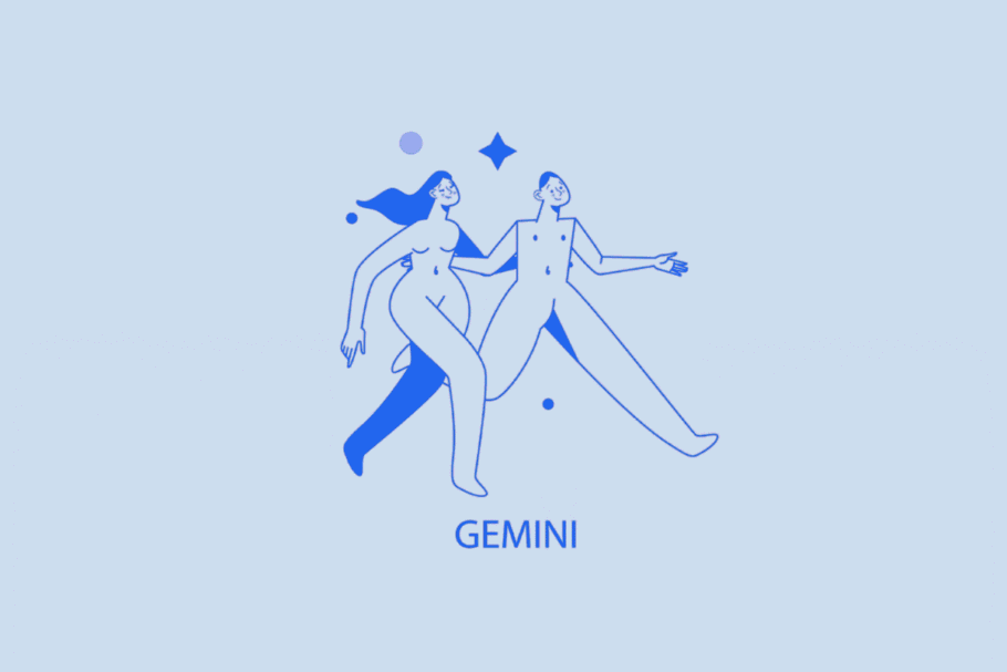 Ilustração minimalista em tons de azul e branco representando o signo de Gêmeos. Mostra duas figuras humanas caminhando alegremente lado a lado de mãos dadas, acompanhadas de pequenos pontos e uma estrela ao fundo. Na parte inferior, está escrita a palavra "GEMINI" em letras maiúsculas azul-escuro.