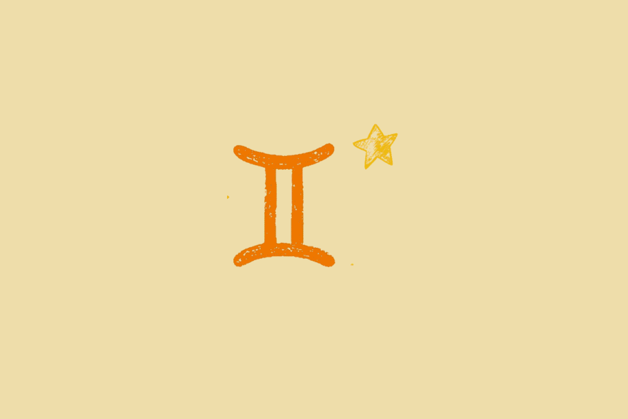 Ilustração do símbolo do signo de Gêmeos, formado por duas linhas verticais unidas por curvas horizontais, na cor laranja, sobre fundo bege-claro.