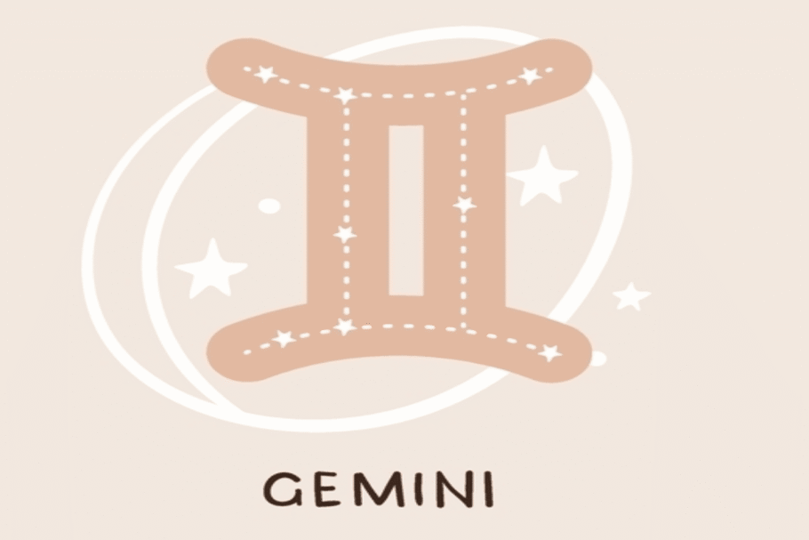 Ilustração do símbolo de Gêmeos em tom bege, preenchido por linhas pontilhadas e pequenas estrelas brancas. O símbolo é envolvido por traços circulares e outros elementos celestes sobre fundo claro.