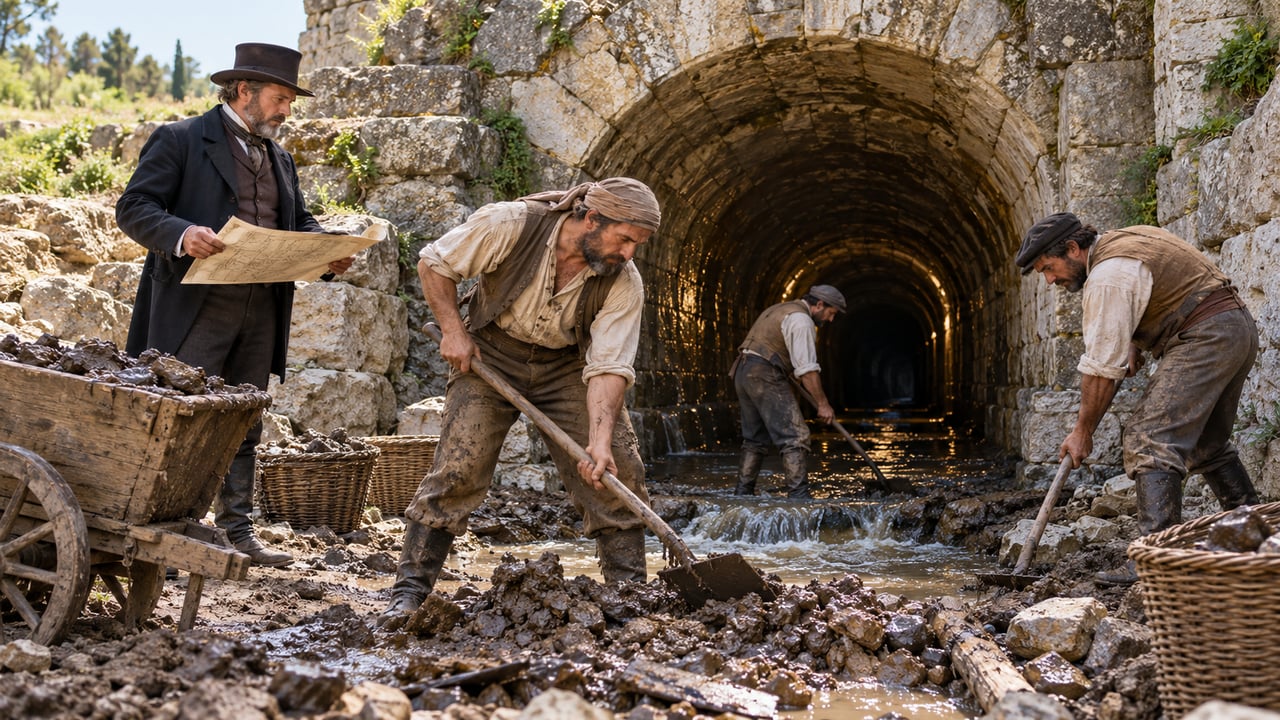 A falta de manutenção permitiu que sedimentos e desmoronamentos comprometessem o sistema romano ao longo dos séculos – Imagem ilustrativa criada por inteligência artificial