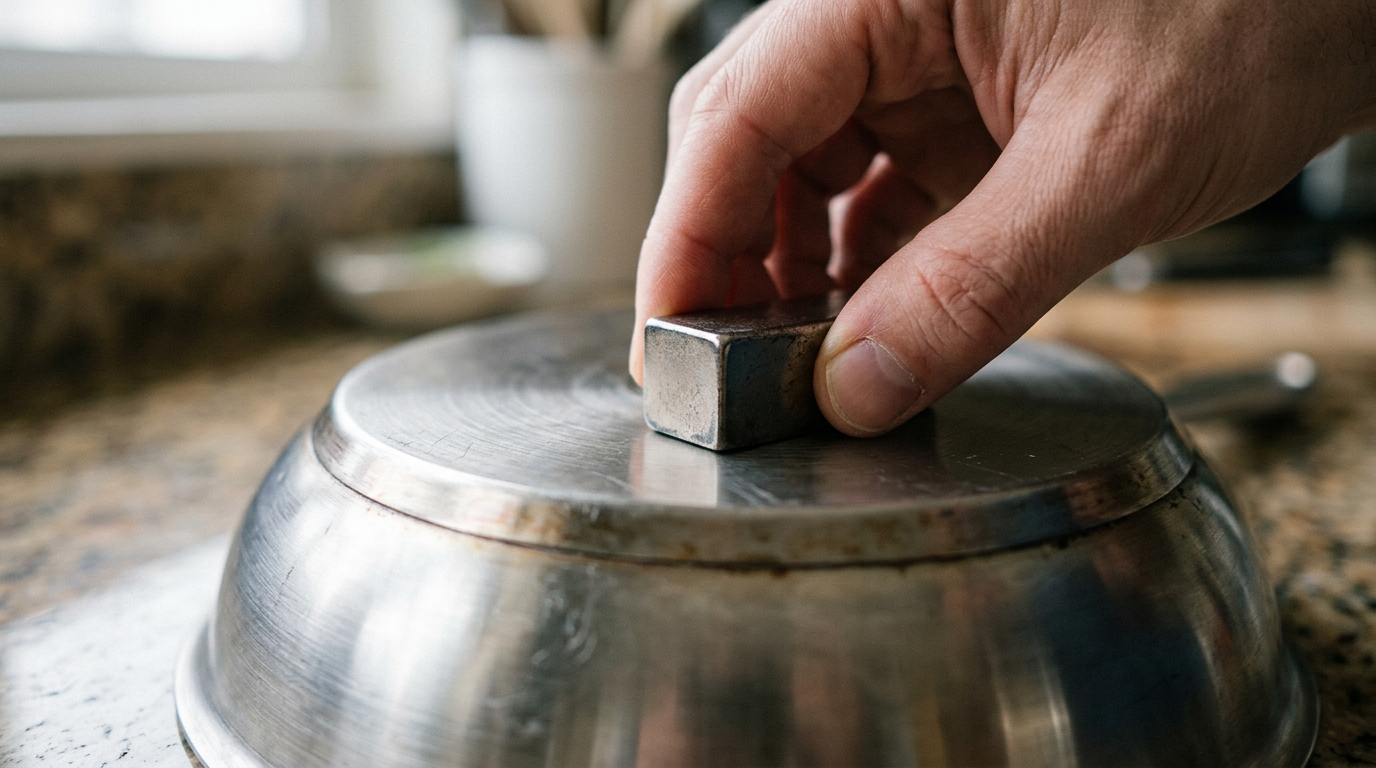 A bobina de cobre sob a superficie de vidro gera um campo magnetico alternado que aquece diretamente o recipiente.