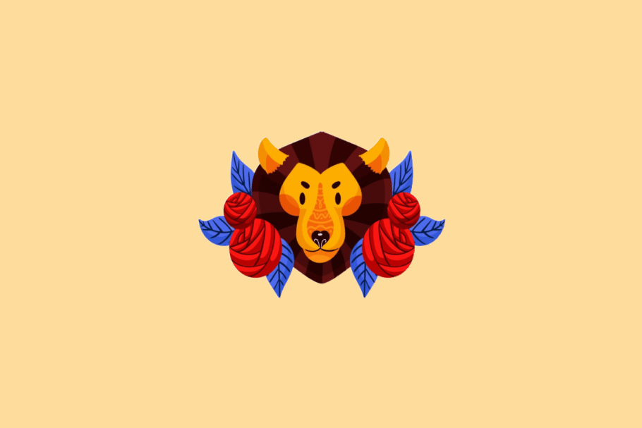 Ilustração estilizada do signo de Leão. No centro, a cabeça de um leão amarelo e laranja vista de frente com uma juba marrom escura, emoldurada por grandes rosas vermelhas e folhas azuis nas laterais. O fundo é de cor amarela clara uniforme.