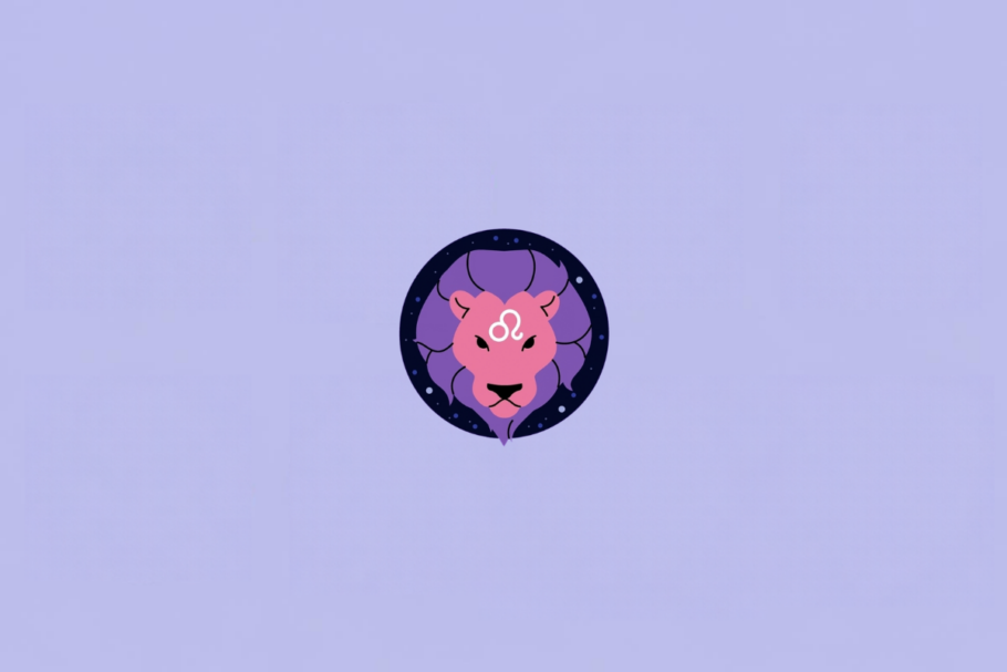 Ilustração do signo de Leão, representado pela cabeça de um leão com rosto rosa e grande juba roxa. O símbolo de Leão aparece em branco na testa. Ao fundo há um círculo azul-marinho com pequenos pontos claros. Em fundo roxo-claro.
