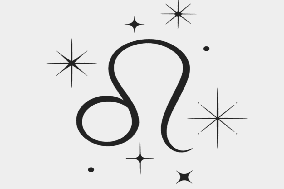 Imagem com fundo cinza-claro, apresentando o símbolo astrológico do signo de Leão em preto, formado por linhas curvas, com um círculo na parte inferior esquerda e uma curva alongada à direita. Ao redor, aparecem estrelas estilizadas e pequenos pontos pretos.