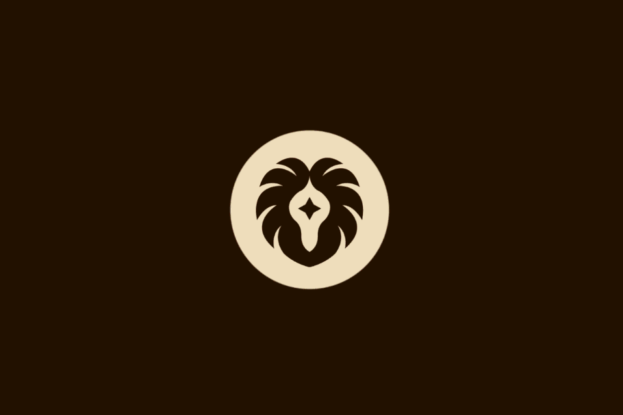 Ilustração vetorial do signo de Leão, representada pela juba estilizada de um leão com uma estrela de quatro pontas no centro, dentro de um círculo bege sobre fundo marrom.