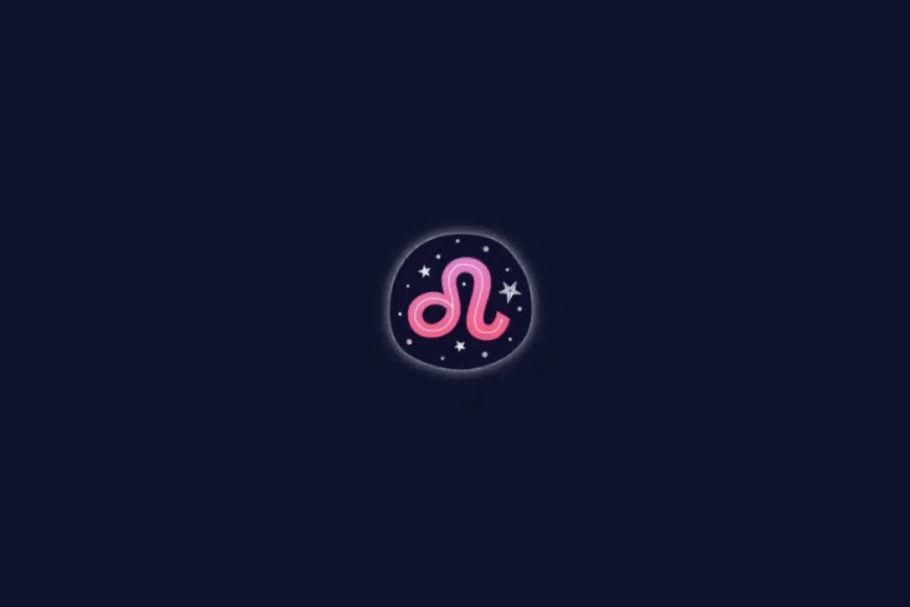 Ilustração do símbolo astrológico do signo de Leão em tons de rosa, formado por linhas curvas que lembram uma juba estilizada. O desenho aparece dentro de um círculo com pequenas estrelas brancas, sobre um fundo azul-marinho escuro.