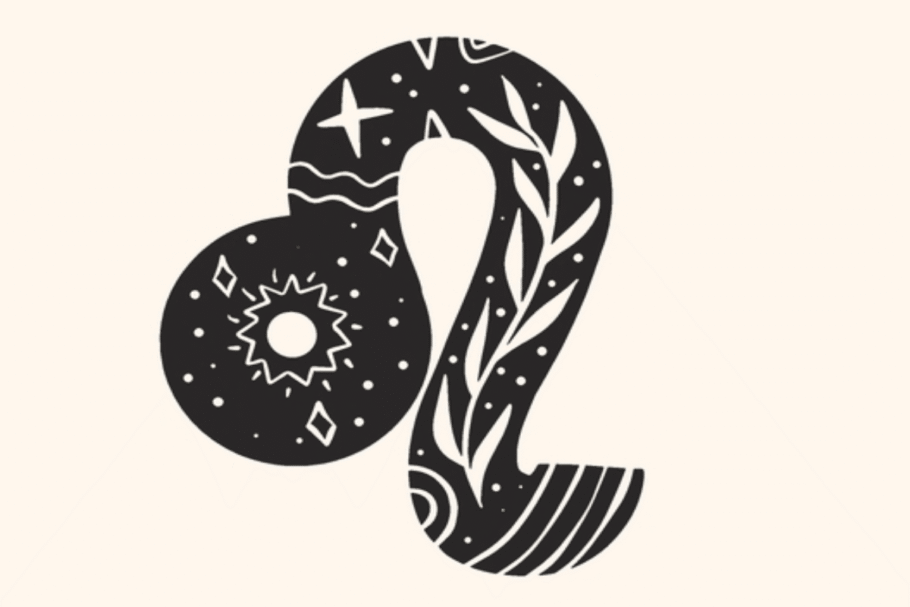 A imagem apresenta o símbolo do signo de leão em preto, centralizado sobre um fundo claro. O ícone é decorado com folhagens, pequenos pontos, formas solares e detalhes celestes, criando uma estética mística e delicada.