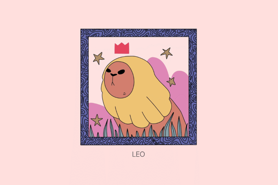 Ilustração estilizada do signo de Leão, mostrando a cabeça de um leão com juba amarela e uma pequena coroa acima, em moldura roxa com fundo rosa e a palavra "Leo" abaixo.