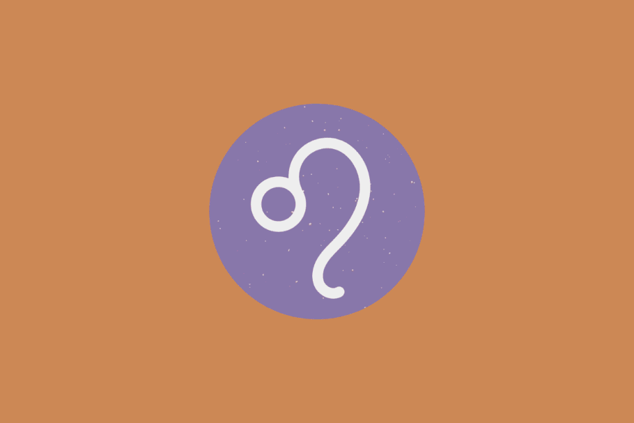 Símbolo do signo de Leão em branco dentro de um círculo roxo com fundo alaranjado