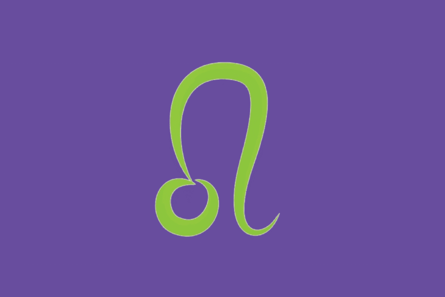 O símbolo astrológico do signo de Leão em verde-claro sobre um fundo roxo