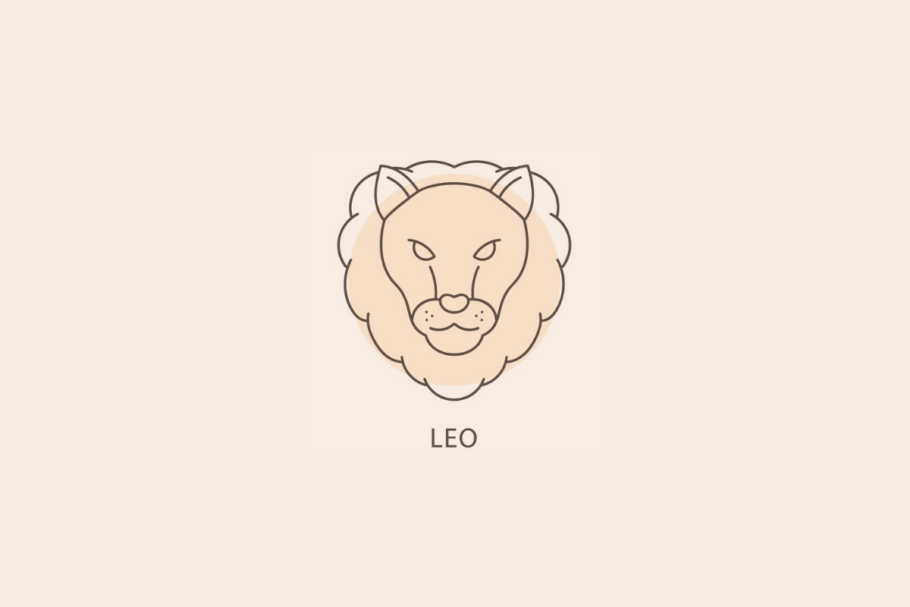 Ilustração em linhas finas da cabeça de um leão com sua juba, com um círculo bege ao fundo e a palavra "LEO" abaixo.