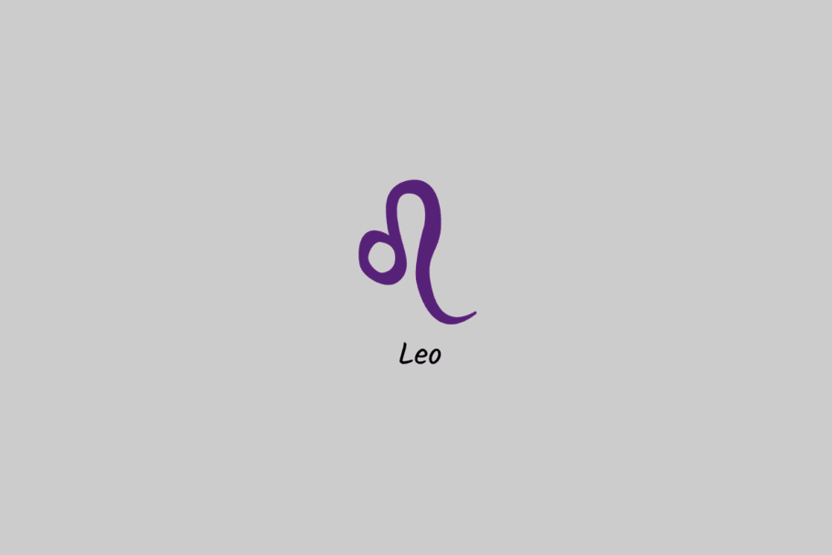 Ilustração do signo de Leão em roxo, com o nome abaixo, centralizada sobre um fundo cinza-claro