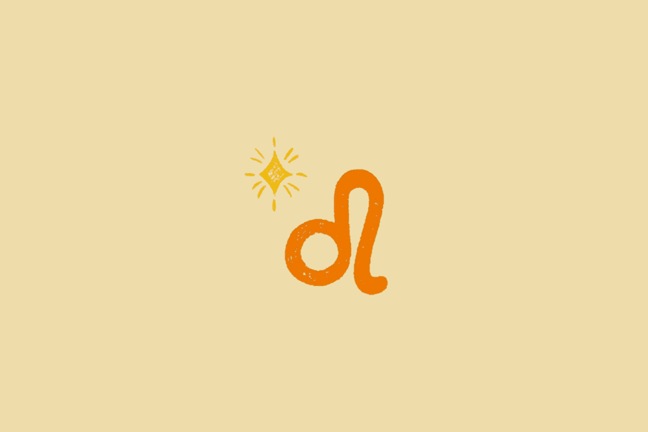 Ilustração do símbolo do signo de Leão, representado por um traço curvo semelhante à juba e à cauda de um leão, em laranja, acompanhado de um pequeno desenho de estrela sobre fundo bege-claro.