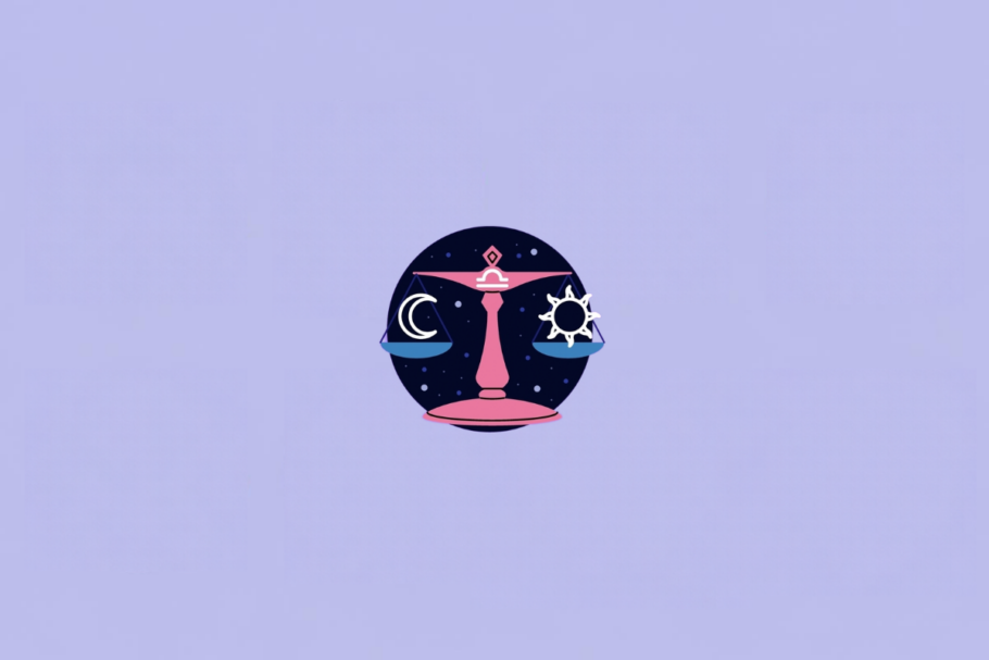 Ilustração do signo de Libra, representado por uma balança estilizada, com estrutura rosa e dois pratos azuis. No prato esquerdo há uma lua branca e, no direito, um sol branco. O símbolo de Libra aparece na parte superior da balança. Ao fundo há um círculo azul-marinho com pequenos pontos semelhantes a estrelas. Em fundo roxo-claro.
