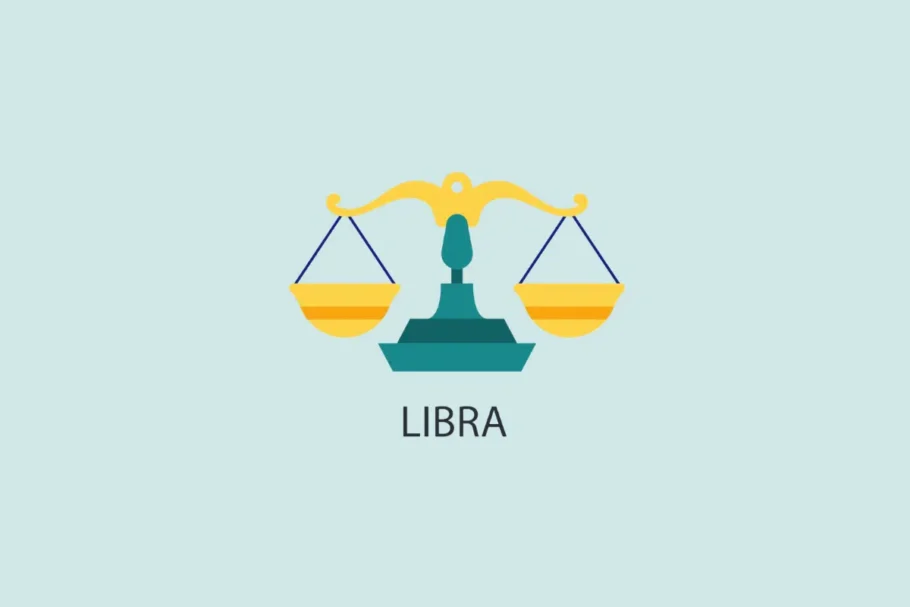 Ilustração vetorial em estilo plano de uma balança de dois pratos equilibrada em amarelo e azul, sobre um fundo azul-claro com a palavra "LIBRA" escrita abaixo.