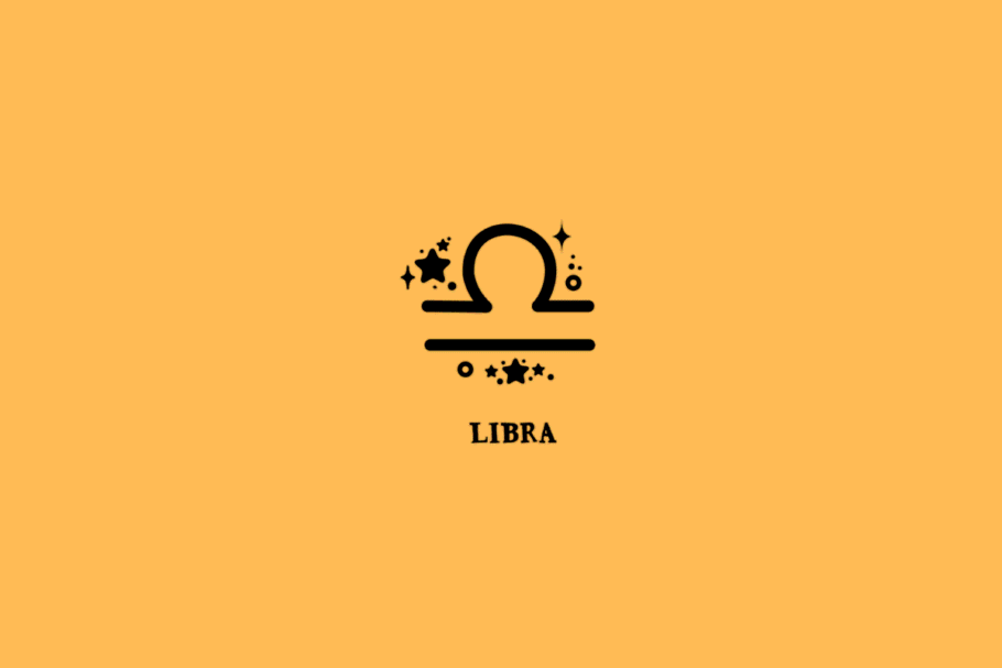 Símbolo do signo de Libra, formado por um arco preto semelhante a uma meia-lua voltada para cima, apoiado sobre uma linha horizontal. Abaixo dessa linha, há outra linha horizontal mais comprida. Estrelas, pequenos círculos e pontos decorativos aparecem ao redor do símbolo. Abaixo, está escrito “LIBRA” em letras maiúsculas pretas, com serifa. O fundo é laranja uniforme.