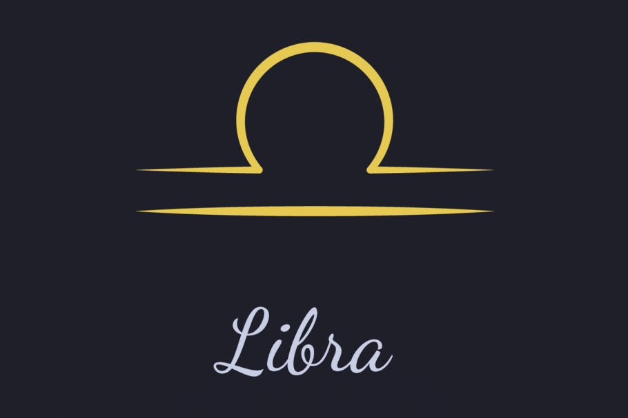 A imagem mostra o símbolo astrológico de Libra em dourado, formado por uma linha horizontal com um arco central e outra linha reta logo abaixo. Abaixo, o nome “Libra” aparece em letras cursivas cinza-claras, sobre um fundo azul-escuro quase preto.