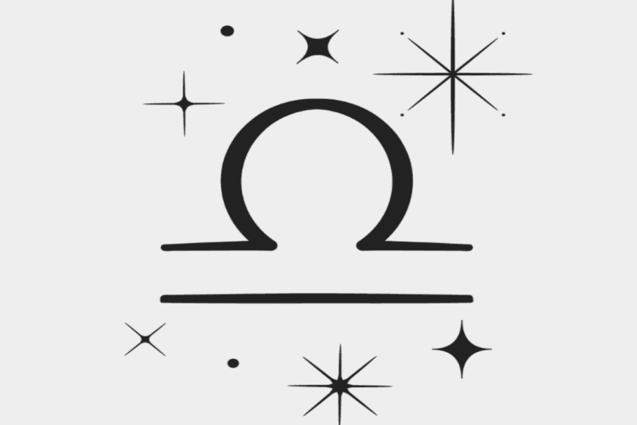 Imagem com fundo cinza-claro, apresentando o símbolo astrológico do signo de Libra em preto, formado por um arco central apoiado em uma linha horizontal, com outra linha reta logo abaixo. Ao redor, aparecem estrelas estilizadas de diferentes tamanhos e pequenos pontos pretos.