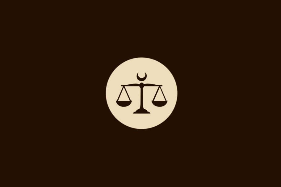 Ilustração vetorial do signo de Libra, representada por uma balança em equilíbrio com uma lua crescente acima da haste central, dentro de um círculo bege sobre fundo marrom.
