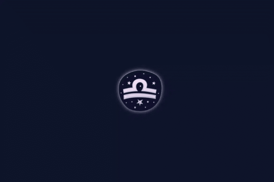 Ilustração do símbolo astrológico do signo de Libra em tom de lilás-claro, formado por linhas horizontais e uma curva na parte superior. O desenho aparece dentro de um círculo com pequenas estrelas brancas e um brilho suave, sobre um fundo azul-marinho escuro.