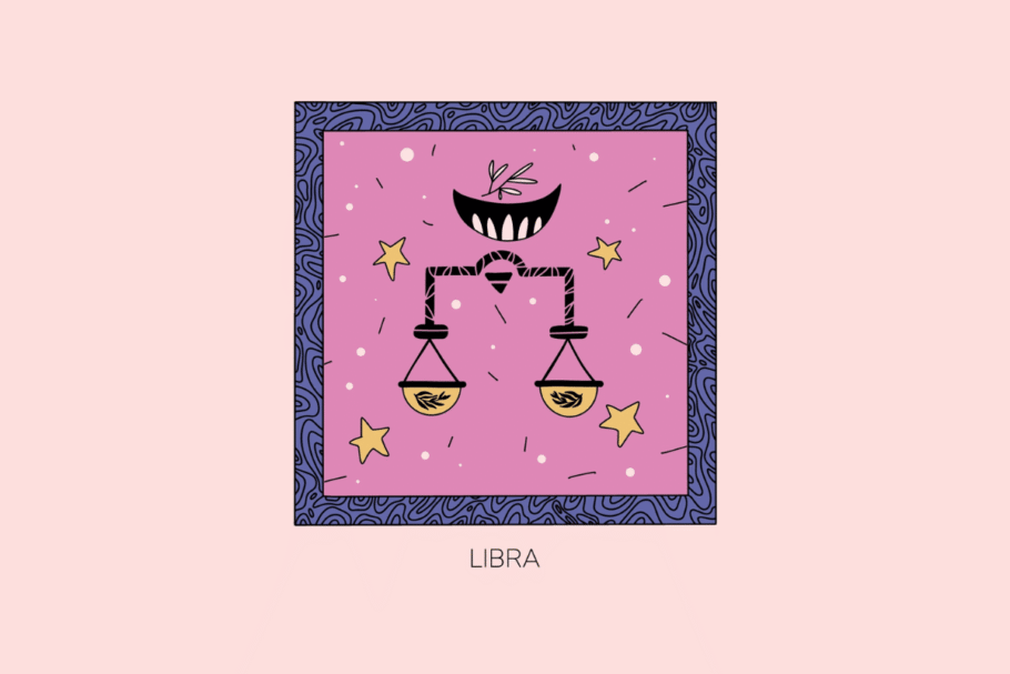 Ilustração estilizada do signo de Libra, representando uma balança preta e amarela cercada por estrelas, em moldura roxa com fundo rosa e a palavra "Libra" abaixo.