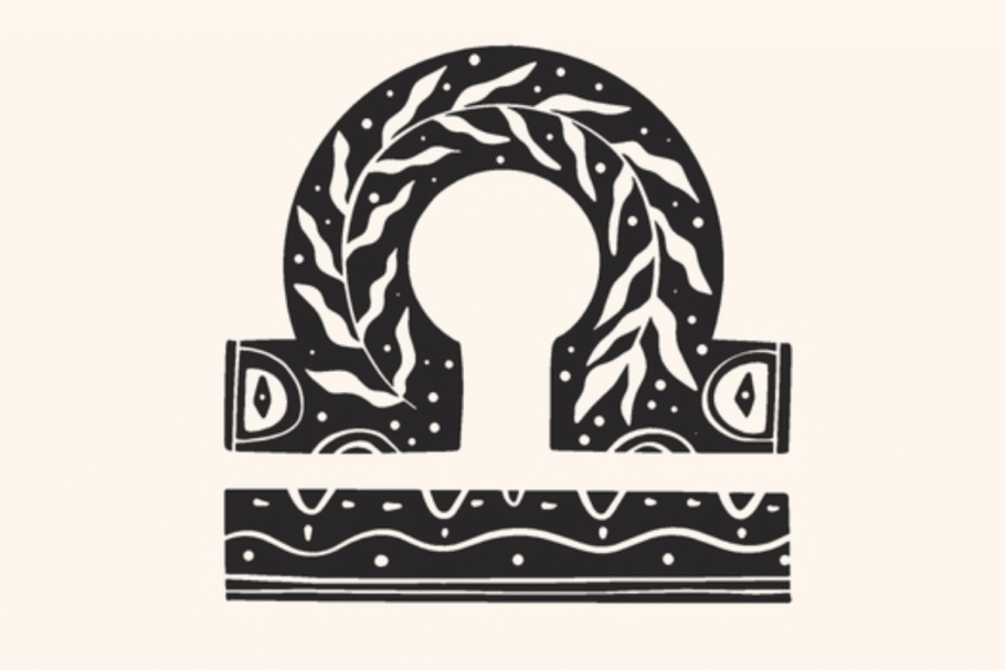 A imagem apresenta o símbolo do signo de libra em preto, centralizado sobre um fundo claro. O ícone é decorado com folhagens, pequenos pontos, formas solares e detalhes celestes, criando uma estética mística e delicada.
