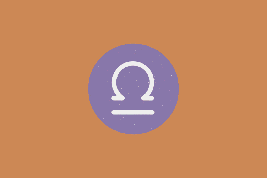 Símbolo do signo de Libra em branco em um círculo roxo sobre fundo alaranjado
