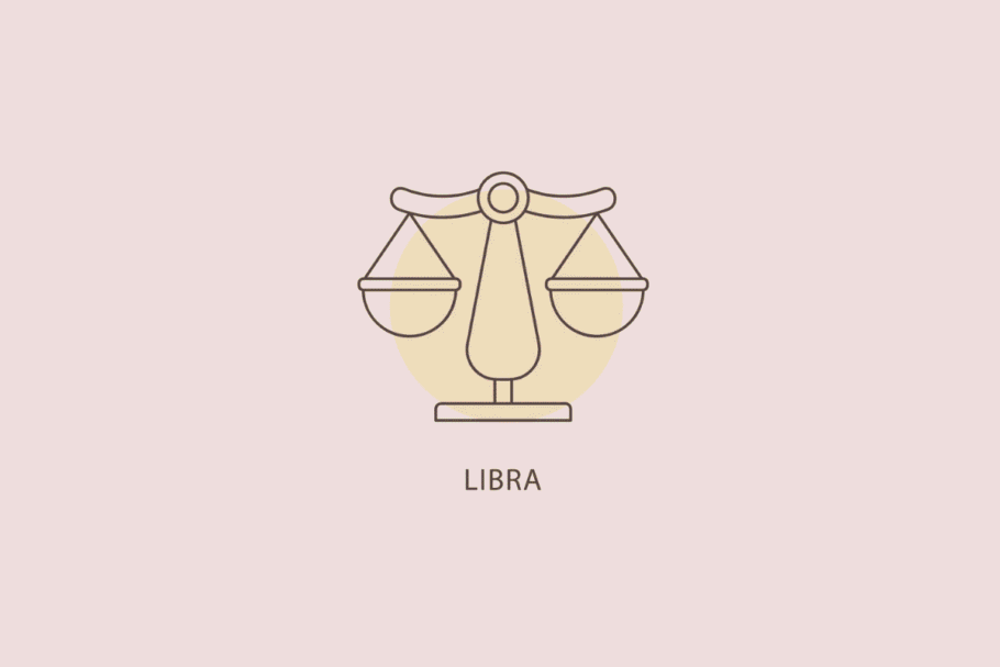 Ilustração em linhas finas de uma balança de dois pratos, com um círculo bege ao fundo e a palavra "LIBRA" abaixo.