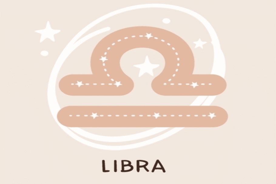 Ilustração do símbolo de Libra em tom bege, com linhas pontilhadas e pequenas estrelas brancas formando constelações. O desenho aparece cercado por traços circulares, estrelas e pontos sobre fundo claro.