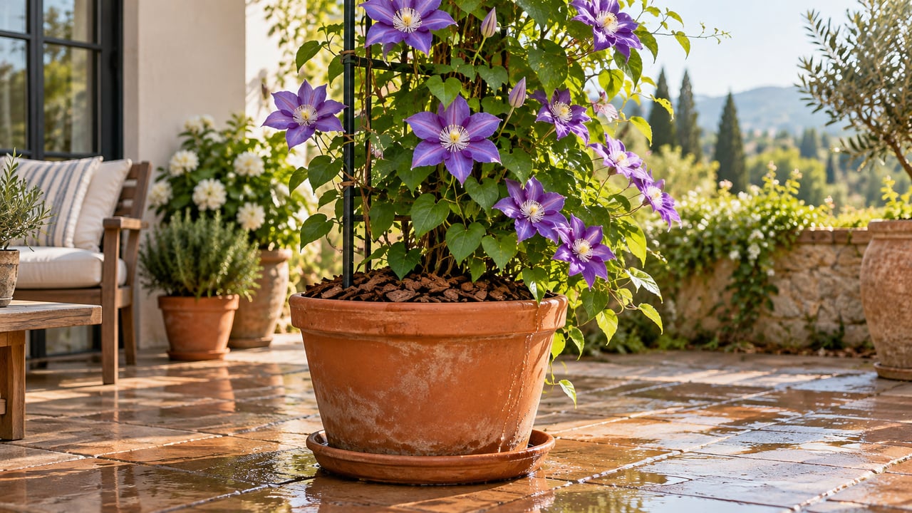 Rega profunda, vaso drenado e base protegida ajudam a manter a clematite vigorosa por mais tempo – Imagem ilustrativa criada por inteligência artificial