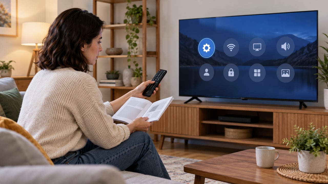 Consultar o manual e reconhecer os avisos da televisão ajuda a evitar alterações acidentais em canais, rede e imagem – Imagem ilustrativa criada por inteligência artificial