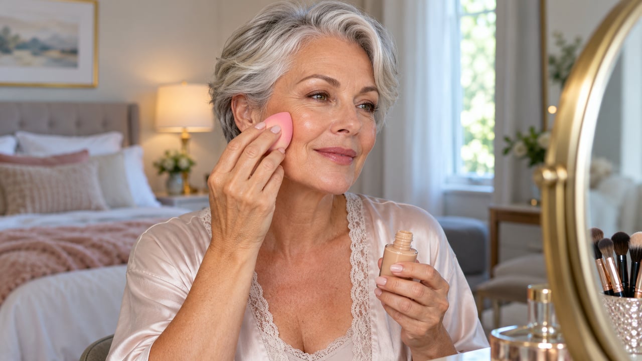 Base fluida de acabamento acetinado aplicada com esponja úmida em batidinhas espalha o pigmento sem arrancar o creme da pele – Imagem ilustrativa criada por inteligência artificial