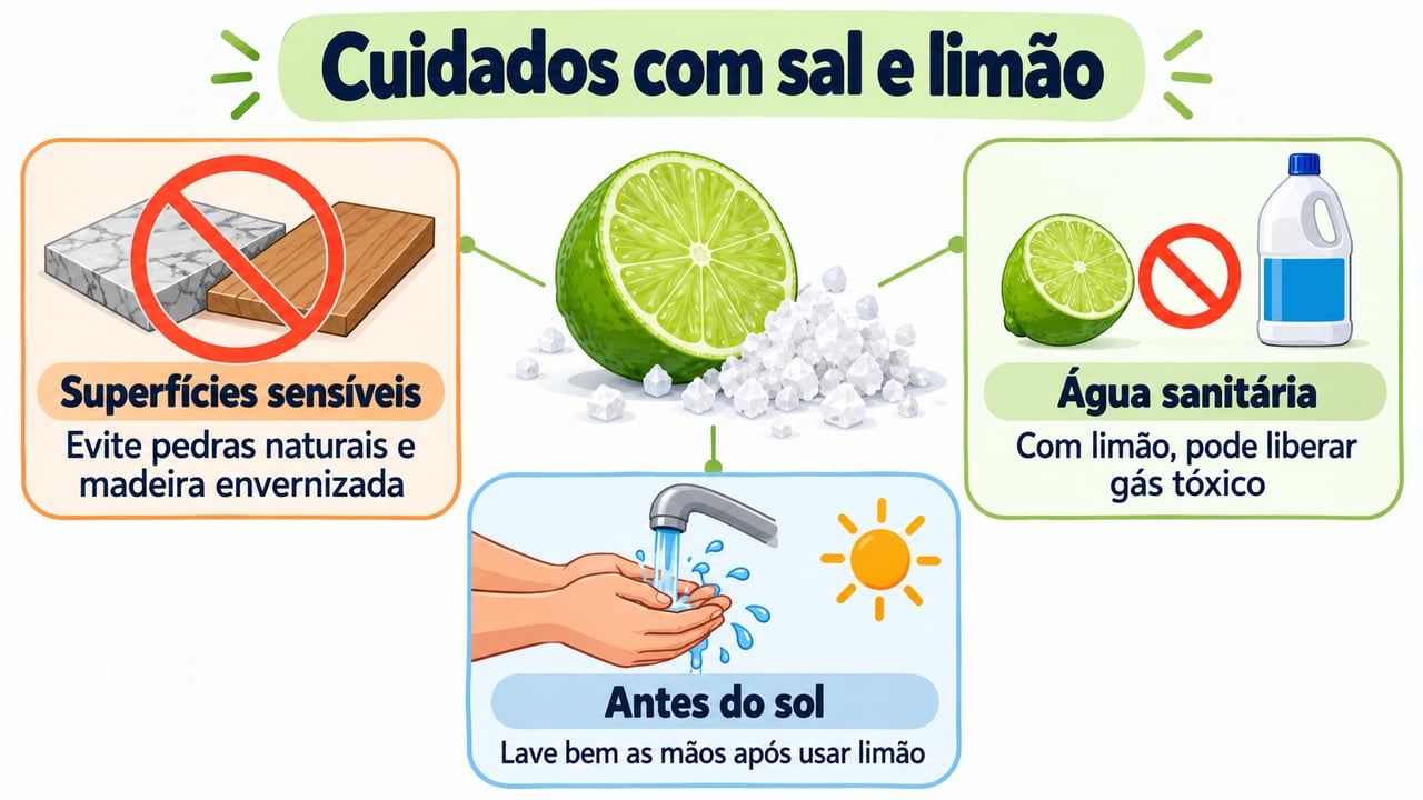 Evite superfícies sensíveis, nunca misture limão com água sanitária e lave as mãos antes do sol – Imagem ilustrativa criada por inteligência artificial