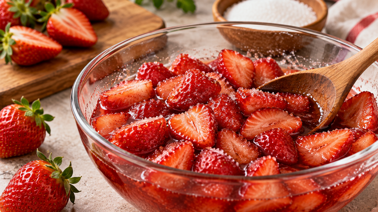Morangos com açúcar começam a formar uma calda mesmo sem aquecimento. Veja como tempo, corte da fruta e quantidade de açúcar interferem no resultado.