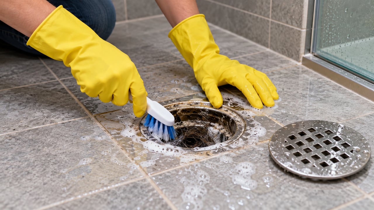A limpeza mensal do ralo remove cabelos, sabonete e minerais antes que a obstrução prejudique o escoamento – Imagem ilustrativa criada por inteligência artificial
