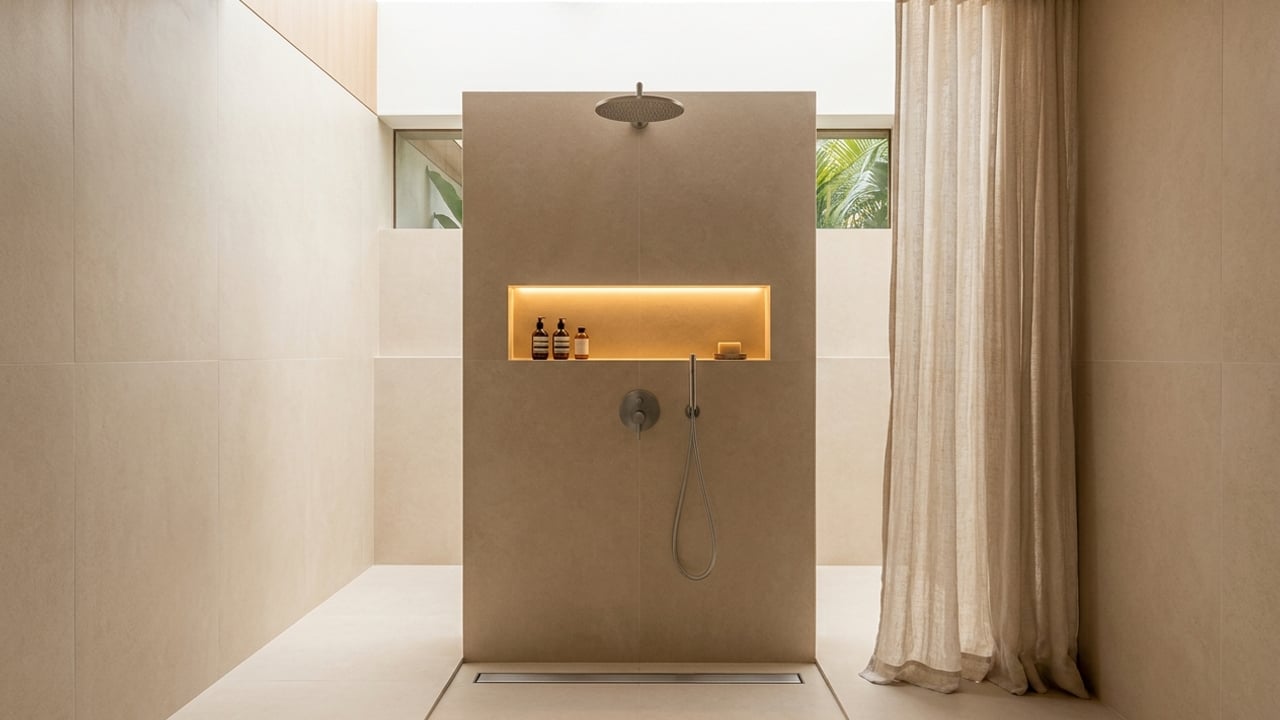 Caimento de 1% a 2% e ralo linear evitam poças no banheiro sem box – Imagem ilustrativa criada por inteligência artificial