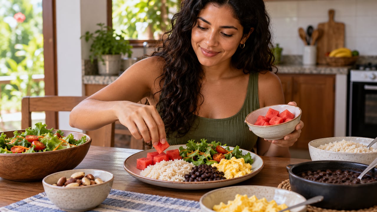 A fruta funciona melhor em porções adequadas, combinada com proteína, gordura boa e refeições equilibradas – Imagem ilustrativa criada por inteligência artificial