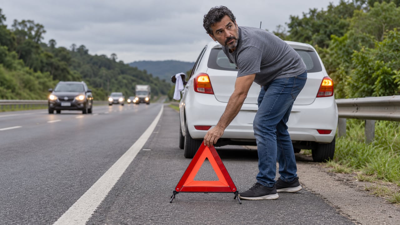 Motorista posiciona o triângulo de sinalização atrás do carro, com o pisca-alerta ligado e um pano branco no retrovisor – Imagem ilustrativa criada por inteligência artificial