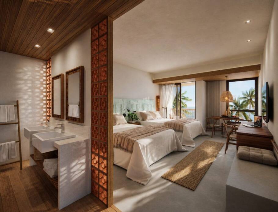 Interior da A suíte júnior do Ohana Beach Park Resort, que tem 42 m²
