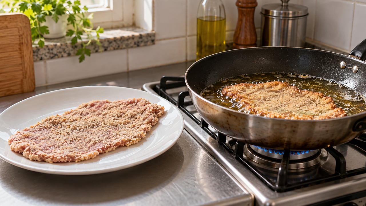 Carne seca na farinha e óleo bem quente deixam a casquinha firme sem encharcar a milanesa – Imagem ilustrativa criada por inteligência artificial