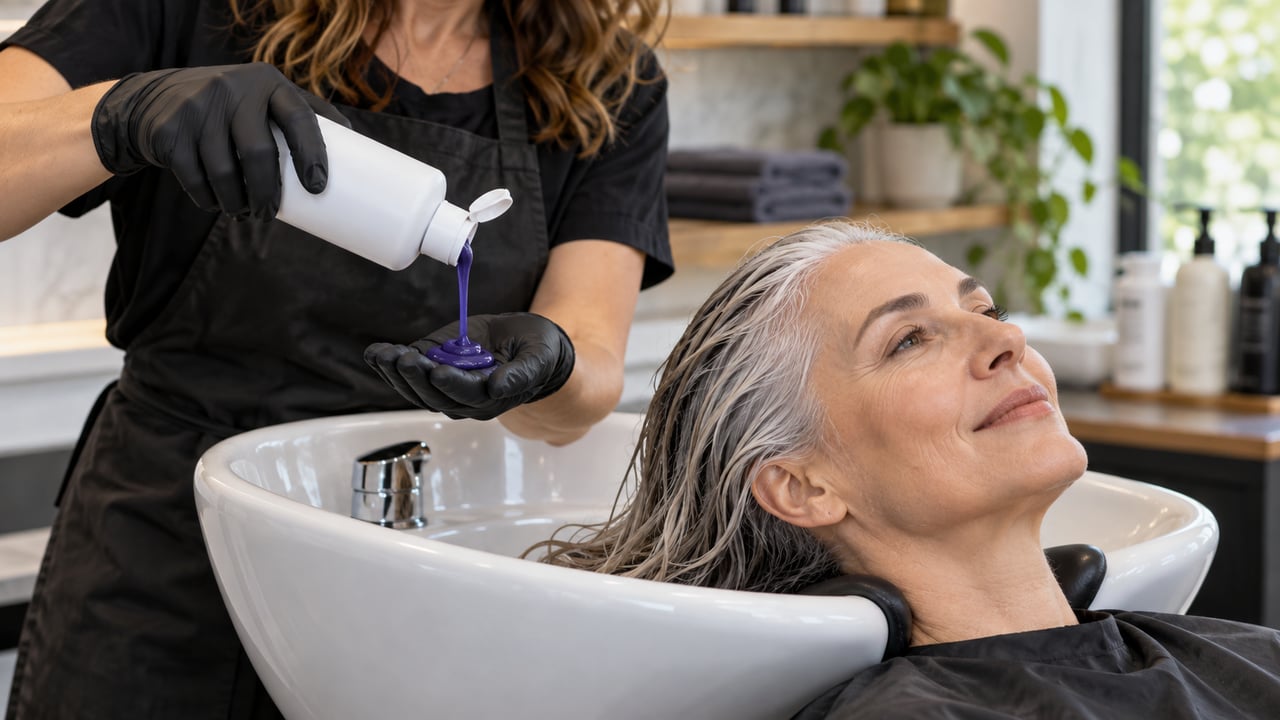 O shampoo roxo ajuda a neutralizar o amarelo, mas o excesso pode deixar manchas lilases – Imagem ilustrativa criada por inteligência artificial